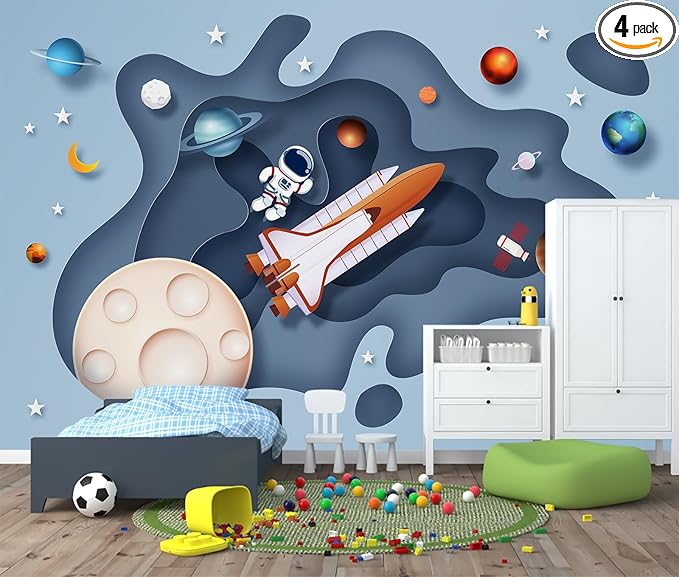 Space Wallpaper for Boys Room Cartoon Planet Astronauts Wall Murals for Kids Room Bedroom（Not Peel and Stick）