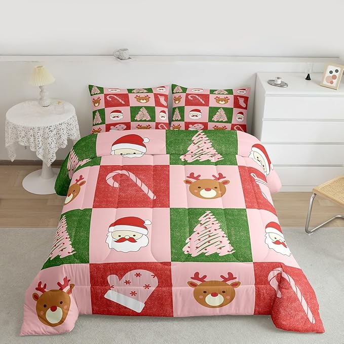 Feelyou Merry Christmas Bedding Set Soft for Boys Girls, Xmas Tree Santa Claus Comforter Set Queen Size Candy Cane Deer Duvet Quilt Microfiber Patchwork Bedroom Decor 3 Pcs with 2 Pillow Cases
