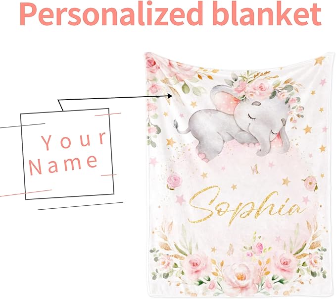 Elephant Blanket Personalized Baby with Name for Girl, Custom for Newborn Soft Flannel Toddler Customized Gift for Birthday Christmas Shower 30'' X 40'', elephant Pink