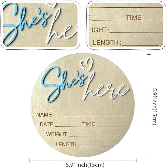 Baby Announcement Sign, 5.9 Inch Wooden Hello World Newborn Signs, Birth Announcement Sign, Gender Reveal Signs, She's here Decoration, Welcome Newborn Arrival To World, Hospital Nursery for Baby