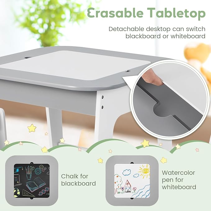 INFANS Kids Table and Chair Set, 3 in 1 Wooden Activity Table with Removable Tabletop, Blackboard and Whiteboard for Toddlers Arts Crafts Drawing Reading Playing, Playroom Nursery (Grey)
