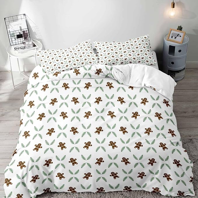 LUVIVIHOME 2PCS Gingerbread Man Duvet Cover Twin Bedding Sets, White Duvet Cover, Teens Boys Girls Kids Bedding, Green Plant Pine Picks Leaves Winter Holiday Christmas Comforter Cover, 1 Pillow Sham