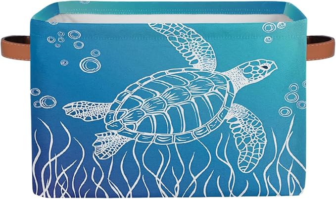 Ocean Turtle Storage Basket for Shelves, Storage Bins with Handles, Collapsible Basket for Organizing, Closet Toy Baskets for Nursery Room, 15x11x9.5 in, Canvas, Sea Tortoise
