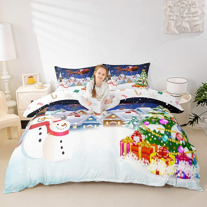Manfei Christmas Duvet Cover Set Queen Size, Snowman Xmas Tree Santa Claus Bedding Set 3pcs, Reversible Winter Snow Cabin Holiday New Year Quilt Cover with Zipper Closure, 2 Pillowcases, No Comforter