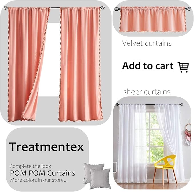 Treatmentex Pom-Pom Grey Sheer Curtains for Bedroom 63" Window Drapes Rod Pocket Textured Sheer Curtain for Kids Room 52" w 2 Panels