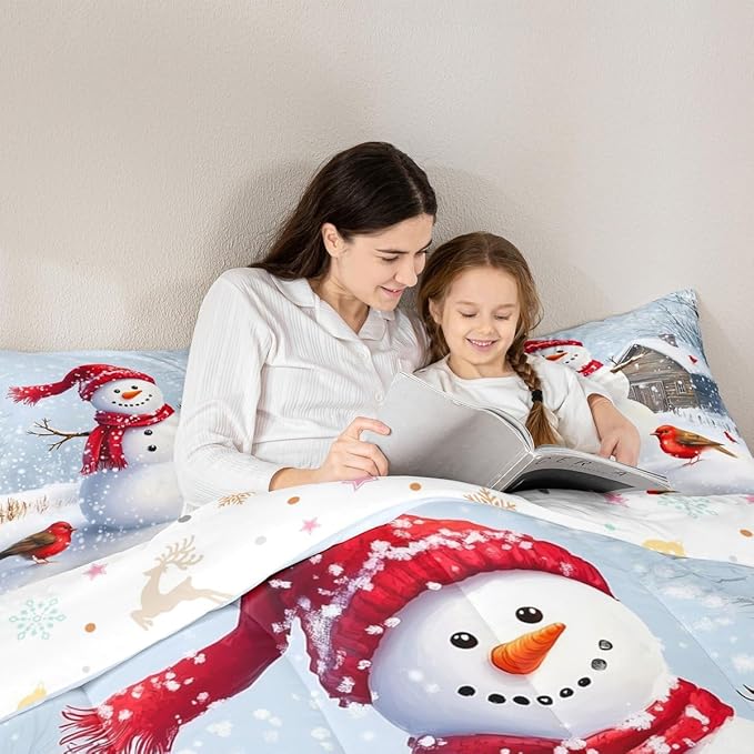 Feelyou Merry Christmas Comforter Set All Season Cute Snowman Bedding Set with 2 Pillow Cases Snowflake Microfiber Kids Full Bedclothes Winter Bedroom Decor Duvet Quilt Breathable Soft Lightweight