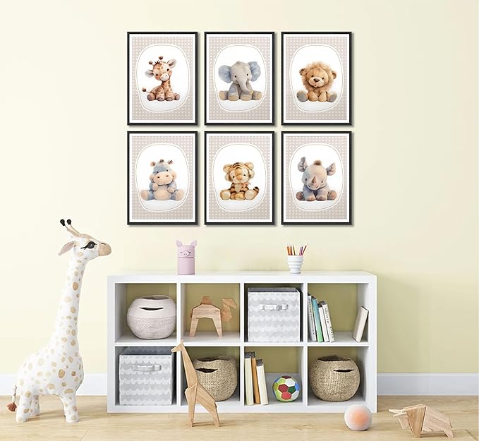 6pcs Nursery Animal Canvas Wall Art Safari Elephant Giraffe Posters Prints Kids Boy Wall Decor Pictures for Baby Boy Girl Toddler Kids Room Decorate Unframed