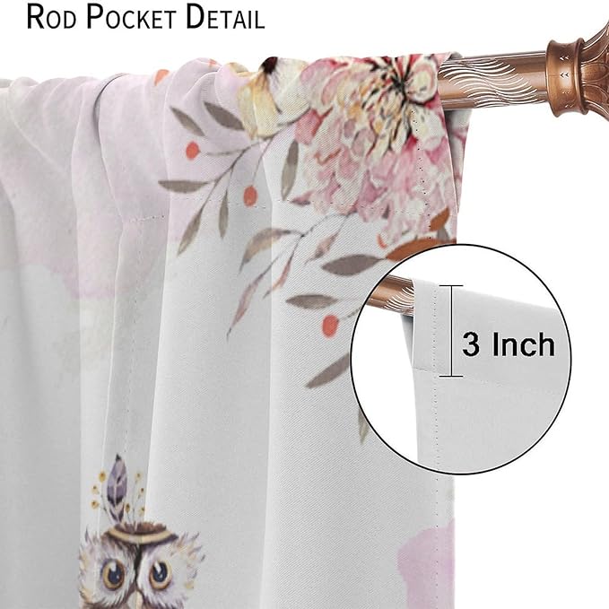 Forest Animal Curtains for Kids, Pink Watercolor Woodland Animal Window Treatments Fox Deer Owl Wildlife Safari Jungle Bear Window Drapes for Girls Nursery Toddler Bedroom 52x84in