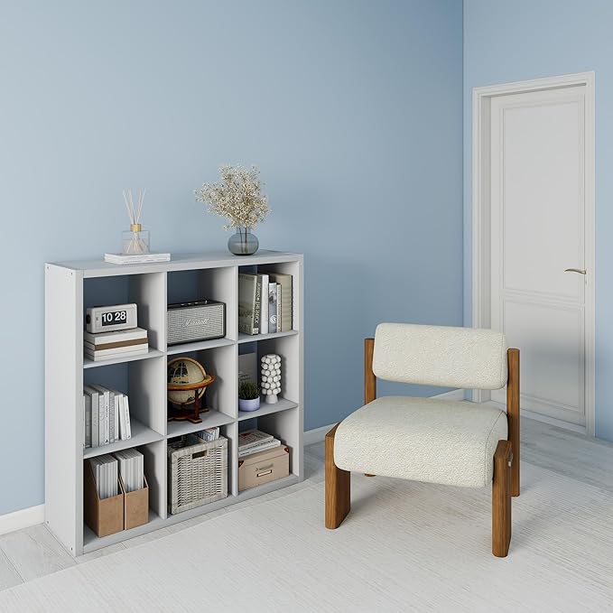 White 9 Cube Storage Organizer with Thickness Wooden Board, Wooden Nice Cube Storage Organizer, 9 White Cubbies Shelf for Bedroom, Living Room, Playroom, 14.6" × 43.8" × 43.8"