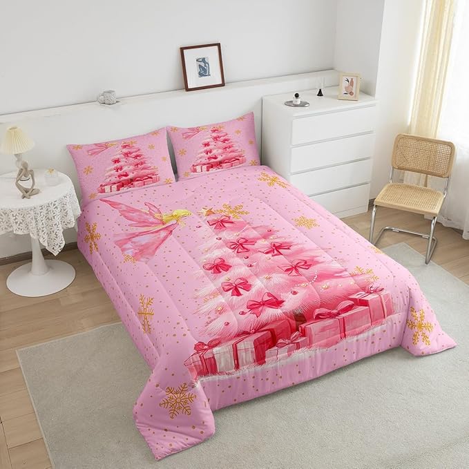 Erosebridal Xmas Tree Queen Bedding Sets Merry Christmas Queen Comforter Set for Kids Boys Girls Teens Snowflake Decorations Down Comforter Princess Bow Pink Decor Duvet Insert