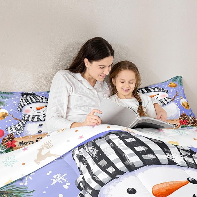 Feelyou Merry Christmas Comforter Set All Season Cute Snowman Bedding Set with 1 Pillow Cases Snowflake Microfiber Kids Twin Bedclothes Winter Bedroom Decor Duvet Quilt Breathable Soft Lightweight
