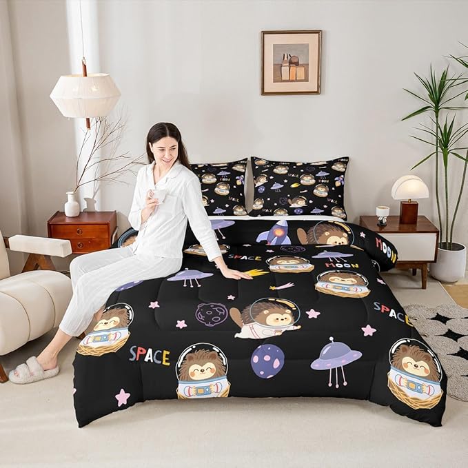 Castle Fairy Space Planet Boys Girls Comforter Set Full Size,Cartoon Hedgehog Astronaut Duvet Set Teens Bedroom Decor,Spaceship Starry Sky Microfiber Soft Bedding