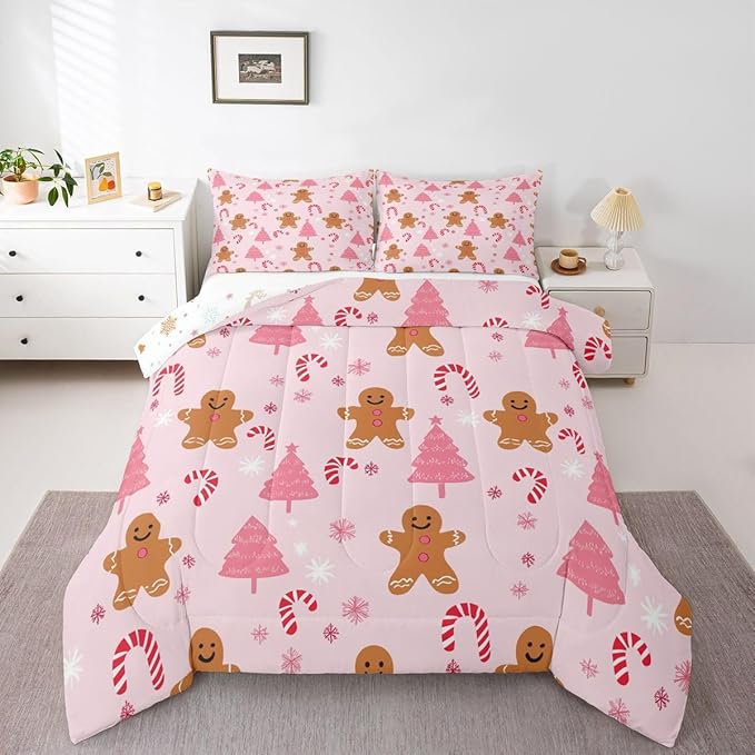 Feelyou Cute Gingerbread Man Comforter Set All Season Pink Christmas Tree Bedding Set with 1 Pillow Cases Candy Cane Kids Twin Snowflake Room Decor Christmas Duvet Quilt Breathable Soft Lightweight