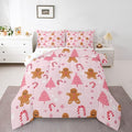 Feelyou Cute Gingerbread Man Comforter Set All Season Pink Christmas Tree Bedding Set with 1 Pillow Cases Candy Cane Kids Twin Snowflake Room Decor Christmas Duvet Quilt Breathable Soft Lightweight