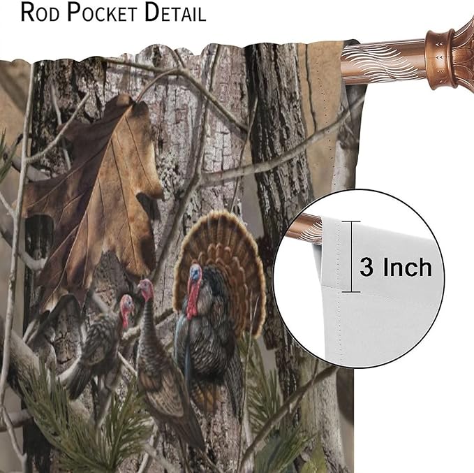 Retro Forest Window Curtains, Camouflage Hunting Tree Camo Rustic Deer Elk Bird Bear Blackout Rod Pocket Windows Door Curtain for Bedroom Living Room Home Decor 42x63in