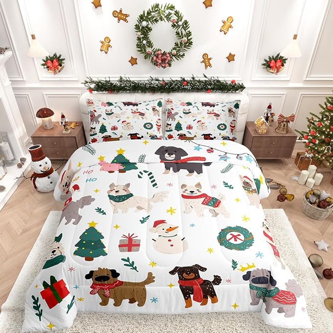 Erosebridal Merry Christmas Quilt Queen Size Cartoon Dog Comforter Set for Teens Kids Boys Xmas Tree Snowman Bedding Set Cute Pug Puppy Animal Duvet Insert with 2 Pillow Cases