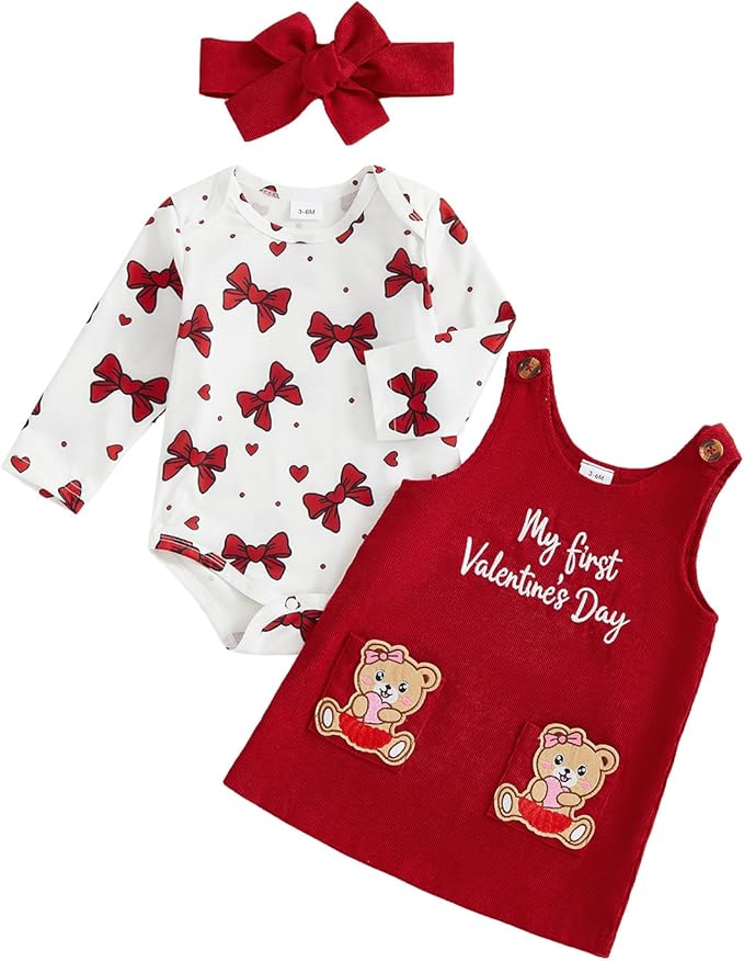 FIOMVA My First Valentines Day Outfit Clothes Baby Girl Romper Love Onesie Heart Embroidery Overalls Suspender Dress Set