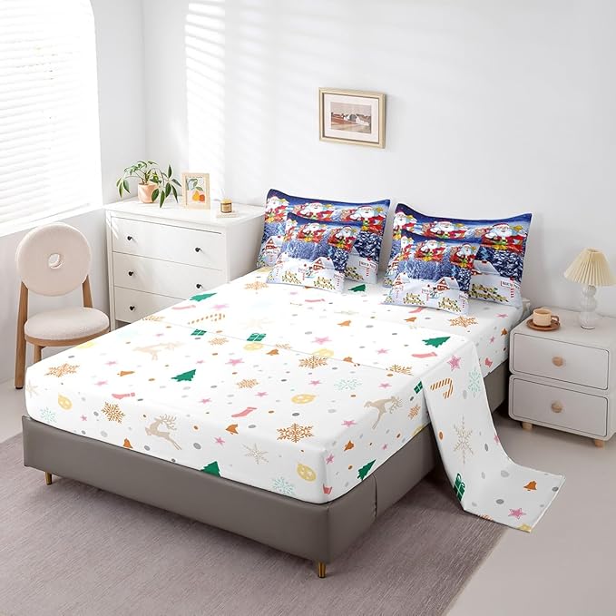 Feelyou Kids Christmas Bed in a Bag Xmas Santa Claus Queen Size Bed Set for Boys Girls Merry Christmas Warmth Comforter Set with Sheets Galaxy Blue Decor Bedding Set Bedroom Collection Boys
