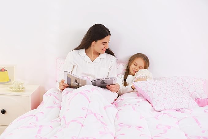 7 Pieces Cartoon Bowknot Kids Comforter Queen,Pink Bow Tie Butterfly Knot Princess Bedding Set,Watercolor Bow Patchwork Pink White（Comforter+Fitted+Flat Sheet+2 Pillowcases+2 Throw Pillow Covers）