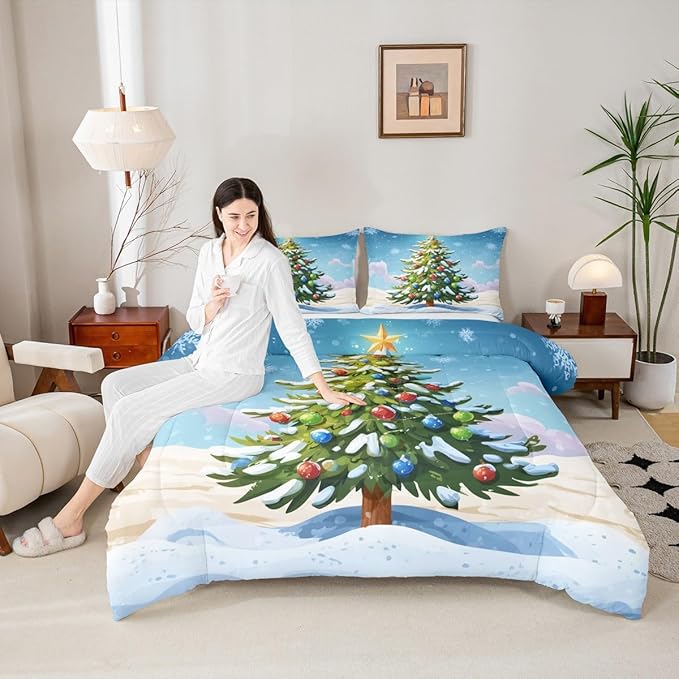 Feelyou Christmas Bedding Set Soft for Boys Girls, Xmas Tree Comforter Set Full Size Christmas Tree Ornaments Duvet Quilt Microfiber Winter Snowflake Bedroom Decor 3 Pcs with 2 Pillow Cases