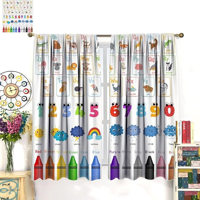 Kids Alphabet Curtains Cartoon Animal Funny Learning Colorful Educational Nursery Curtain with Rod Pocket for Bedroom Classroom Decor Drapes Window Treatments 2 Panels Set 55" W X 63" L