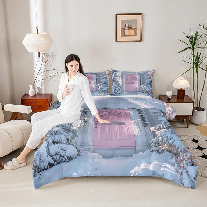 Feelyou Winter Snowscape Bedding Set Soft for Boys Girls, Merry Christmas Comforter Set Full Size Pink Door Duvet Quilt Microfiber Garland Xmas Tree Bedroom Decor 3 Pcs with 2 Pillow Cases