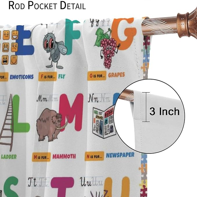 Alphabet Curtain for Kids Room ABC Letter Educational Learning Animal Number Printed Rod Pocket Blackout Window Drapes for Bedroom Playroom Classroom 55" W X 63" L