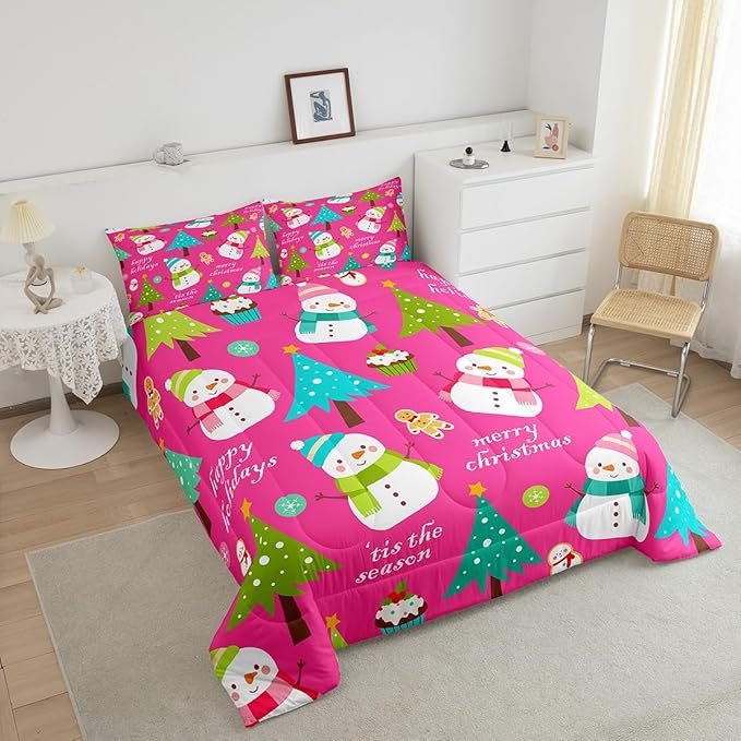 Erosebridal Christmas Kids Comforter Set Cartoon Snowman Quilts for Boys Girls Adults Xmas Tree Bedding Set Cartoon Snowflake Bedroom Decor Duvet Insert Twin Size
