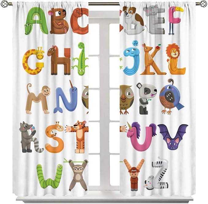Kids Alphabet Curtains Cartoon Animal Baby Children Funny Learning Educational Curtain with Rod Pocket for Bedroom Nursery Decor Drapes Window Treatments 2 Panels Set 63x72in