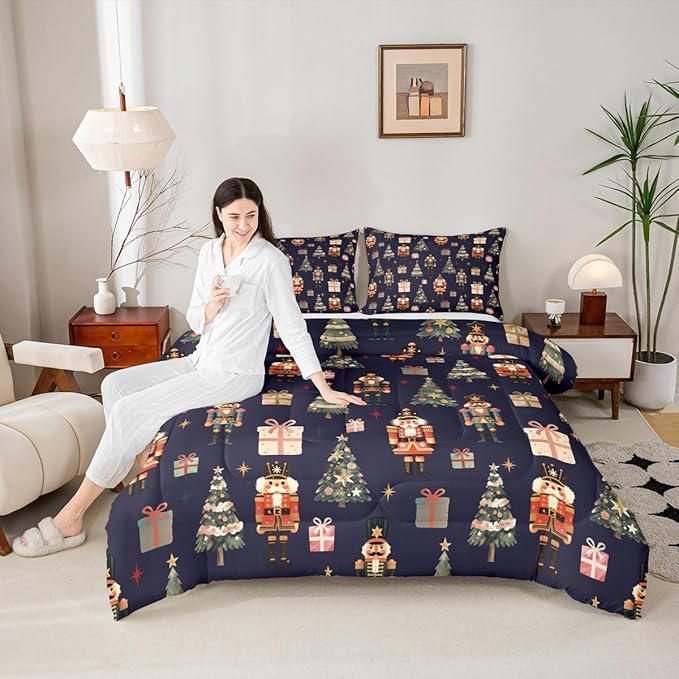 jejeloiu Xmas Nutcracker Comforter Set Queen Size Christmas Dark Blue Bedding Set for Kids Boys Girls Cute Snowflakes Duvet Quilt Bedroom Decor