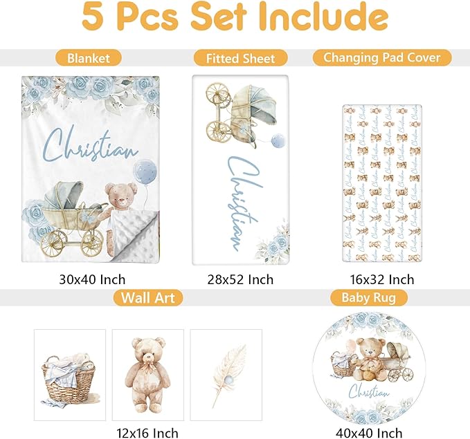 Personalized Toddler Bedding Set, 5 Pcs Custom Name Crib Bedding Set for Girls Boys, Blue Bear Flannel Baby Crib Bedding Set, Double Layer Baby Crib Set, Customized Gifts for Infants Toddlers