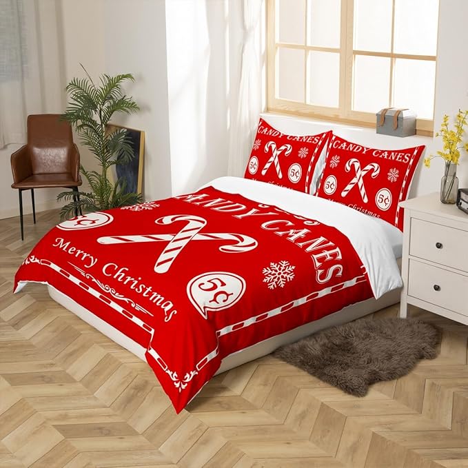 jejeloiu Christmas Bedding Set for Kids Boys Girls Christmas Quote Comforter Cover Set Queen Size Candy Canes Print Duvet Cover Bedroom Decor Xmas Red Bedspread Cover Bedding Collection 3Pcs