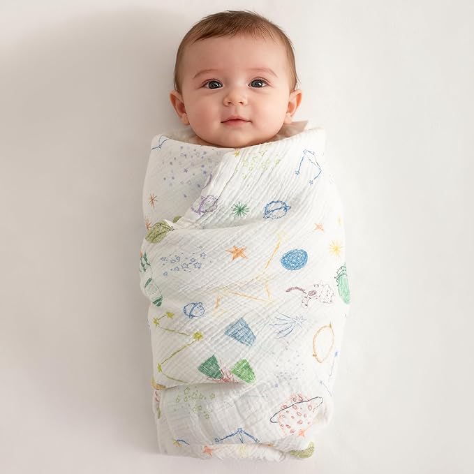 NTBAY 4 Layer Muslin Cotton Toddler Blanket, 42x60 Soft and Breathable Receiving for Newborns and Infants, Perfect for Crib, Stroller, Travel, Lightweight Nursery Blanket, Space Explorer