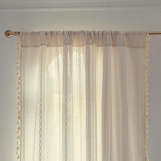 Deeprove Ivory Boho Curtain 63 Inches Length for Kitchen Closet Cafe Decor, Bohemian Hollow Chic Style Tassels, Vintage Farmhouse Country French Window Treatment Drape, Rod Pocket, 1 Panel W52x L63