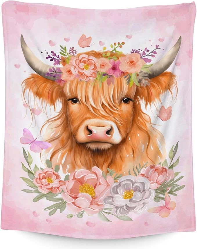 Highland Cow Gifts for Kids - 30" x 40" Inches Cute Highland Cow Throw Blanket for Girls Boys - Pink Warm Cozy Blankets for Sofa, Lap & Office