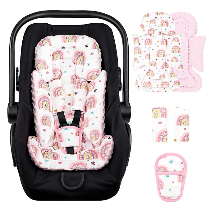 Infant Car Seat Insert with 3 Strap Covers, 3 in 1 Reversible Rainbow Baby Car Seat Head Support for Newborn, Baby Girl Newborn Essentials for Preemie to Infant, Stroller, Swing, Bouncer (Pink)