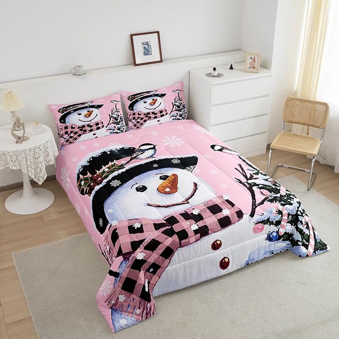Feelyou Kids Christmas Theme Decorations Bedding Set Xmas Snowman Comforter Set for Boys Girls Snowflake Kawaii Cute Comforter Girly Pink Quilt Set Bedroom Collection Toddler Size