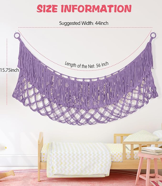 Extra Large Stuffed Animal Net Hammock - [56'' Long/Handwoven Macrame/Lavender] Toy Hammock Storage for Flat Wall, Hardware Included