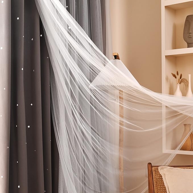 Kinryb Star Cutout Blackout Curtains Double Layer Curtains with Durable Sheer Curtains for Bedroom Thermal Insulated Window Treatment Set with 2 Free Tiebacks (52W x 72L 2 Panels Chocolate)