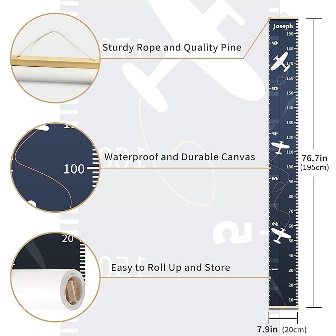Personalized Growth Chart for Kids, Baby Height Chart with Custom Name, 77"x7.9" Canvas and Black Wood Height Measuring Rulers for Boys Girls Removable Wall Ruler Hanging for Nursery Decor - Plane