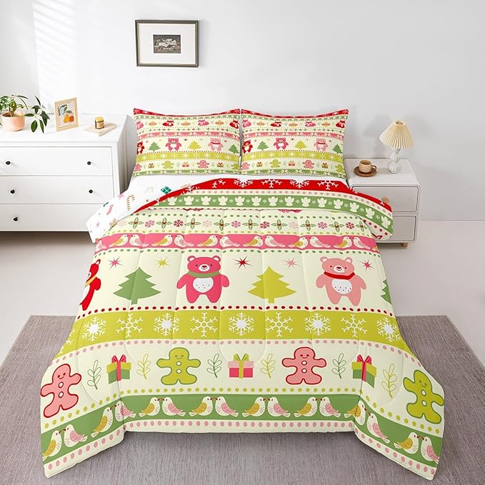 Erosebridal Merry Christmas Comforter Set Kids King Size Xmas Tree Decor Quilts Snowflake Bedding Set Cute Colourful Bear Duvet Insert with 2 Pillow Cases