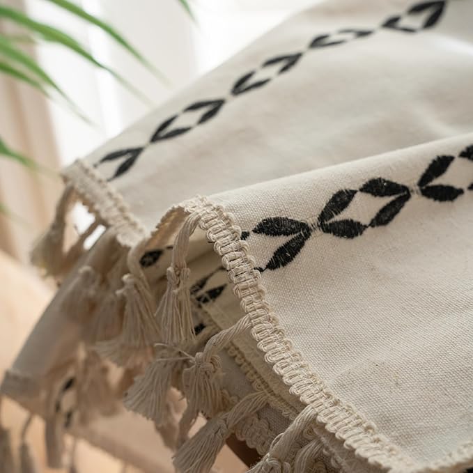 Deeprove White and Black Boho Curtains 63 inches Length for Living Room Bedroom Nursery, Aztec Chic Bohemian 63 inches Long Damask Stripe Embroidery Privacy Window Fringe Decor W52 x L63, 1 Panel