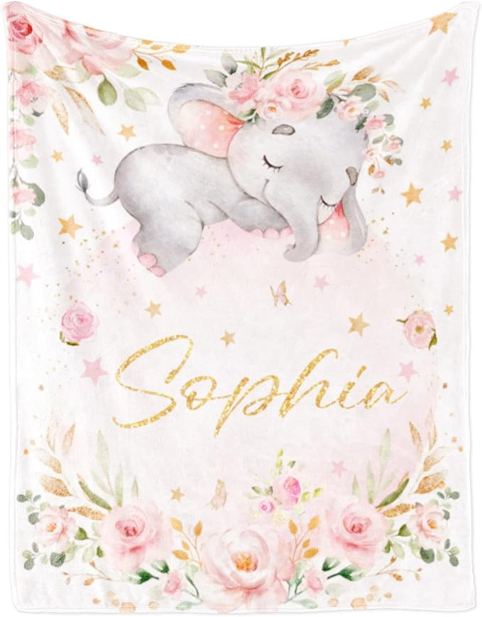 Elephant Blanket Personalized Baby with Name for Girl, Custom for Newborn Soft Flannel Toddler Customized Gift for Birthday Christmas Shower 30'' X 40'', elephant Pink