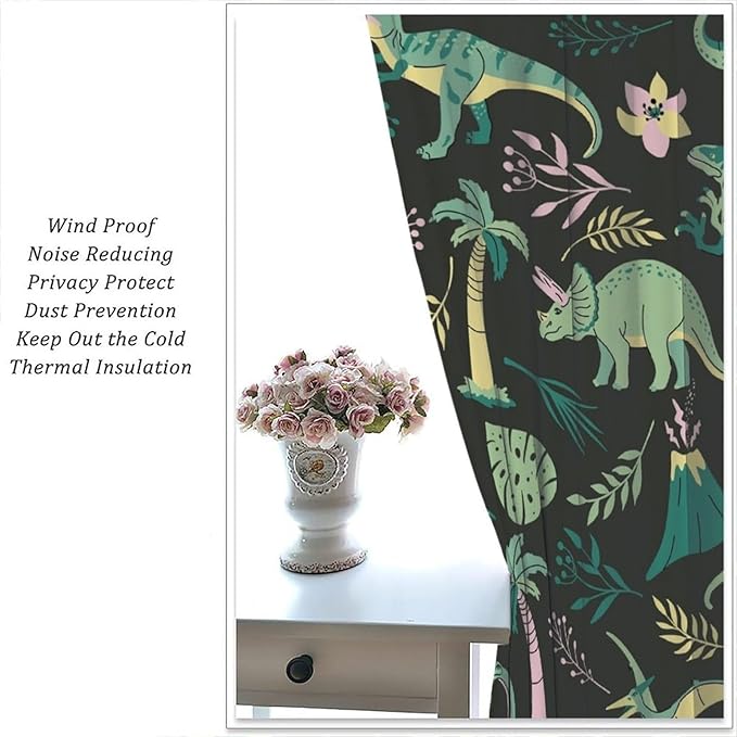 Dinosaurs Blackout Curtains Cartoon Cute Funny Dino Tropical Jungle Green Art Print for Kids Boys Bedroom Living Room Rod Pocket Decoration Window Drapes 2 Panels W26xL84in