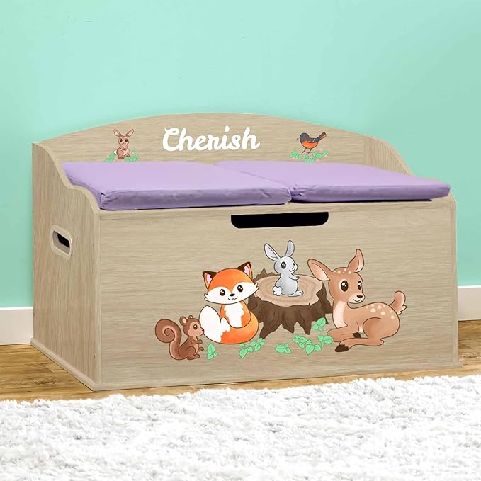 DIBSIES Personalized Creative Wonders Toy Box, Woodland Creatures, 30 x 19.25 x 18 inches, Soft-Close Lid (Natural)