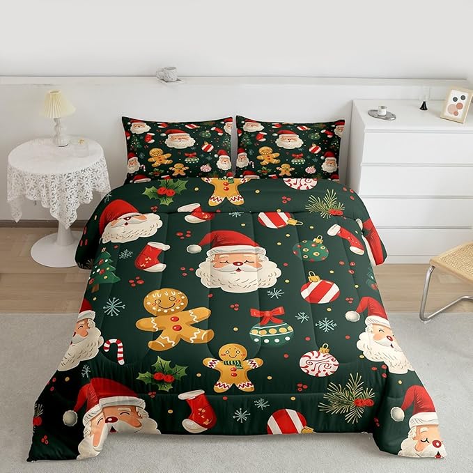 Feelyou Christmas Bedding Set Soft for Boys Girls, Santa Xmas Tree Comforter Set Twin Size Gingerbread Man Duvet Quilt Microfiber Snowflake Stockings Bedroom Decor 2 Pcs with 1 Pillow Cases
