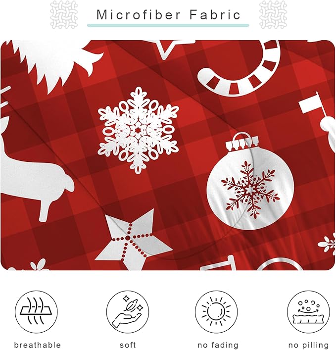 Comforter Set Plaid Christmas: Twin Size Red Bedding Set for Kids Teen Girls Boys Xmas Gift Snowflake Snowman Reindeer Pine Trees Quilt Bed Set Festival Decor 2 Piece