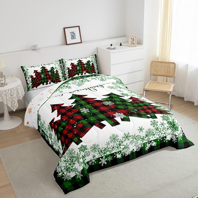 Castle Fairy Christmas Comforter Set Twin Size,Pine Trees Green Snowflake Glitter Shiny Bedding Set for Kids Boys Men,Winter Festival Plaid Checkered Quilted Duvet Set with 1 Pillowcase
