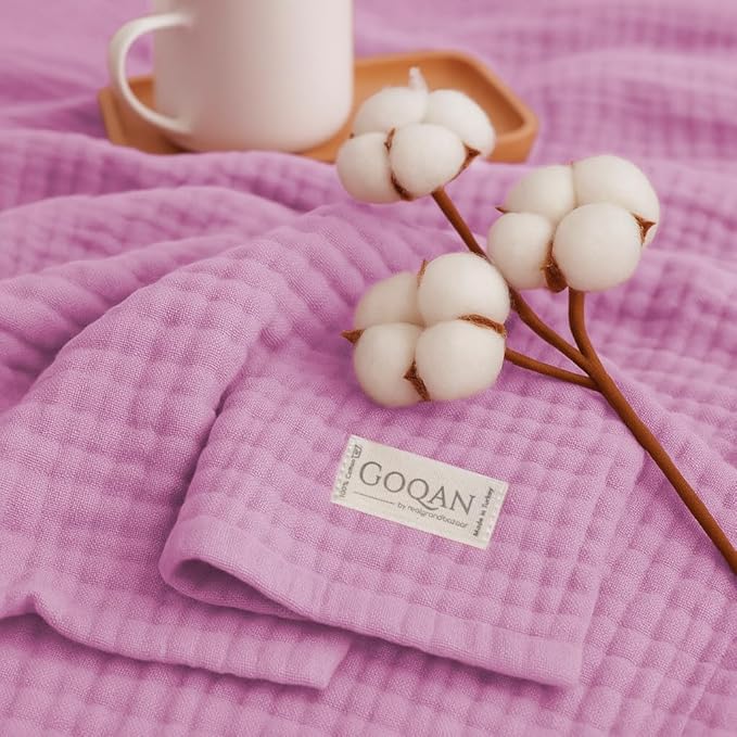 Goqan Throw Blanket 55x60 – 100% Cotton 4 Layer Boho Muslin Blanket for Adults, Lightweight, Soft, Breathable for Bed, Couch, Picnic - Pink