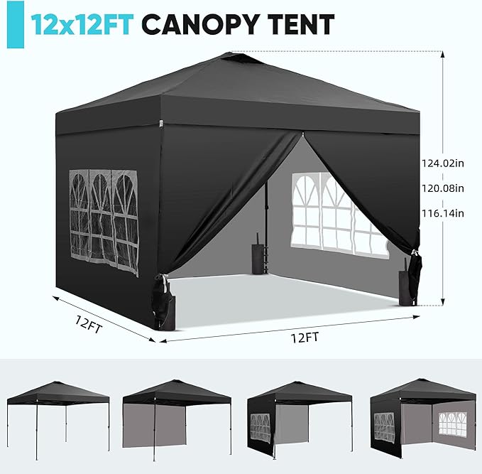 GDY 12x12 Pop Up Canopy Tent with 4 Sidewalls, Easy Set up with One Push Lift Outdoor Silver Coated Beach Gazebos, Carpas for Pool, Events, Parties, and Camping, Black.